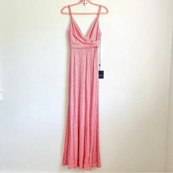 Ieena for Mac Duggal 26945 Barbie Pink Plunging Neckline Sequin Dress sz 0 - Picture 5 of 11